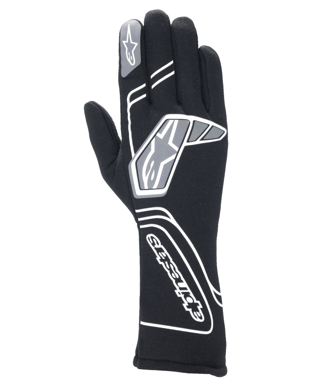 Alpinestars Tech-1 Start V4 Gloves FIA, guanti professionali da corsa neri, con motivi geometrici bianchi e grigi e logo Alpinestars, polsino allungato per protezione da fiamme e calore, design leggero pre-curvato per uso motoristico