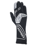 Alpinestars Tech-1 Start V4 Gloves FIA, guanti professionali da corsa neri, con motivi geometrici bianchi e grigi e logo Alpinestars, polsino allungato per protezione da fiamme e calore, design leggero pre-curvato per uso motoristico