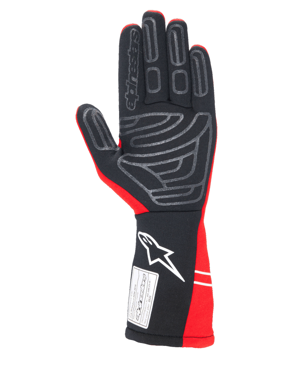 Guanti Alpinestars Tech-1 Start V4 FIA, guanti per corse automobilistiche, rosso e nero, vista del palmo con motivi in silicone grigio per il grip, logo Alpinestars bianco sul polsino allungato ed etichetta di certificazione FIA 8856-2018