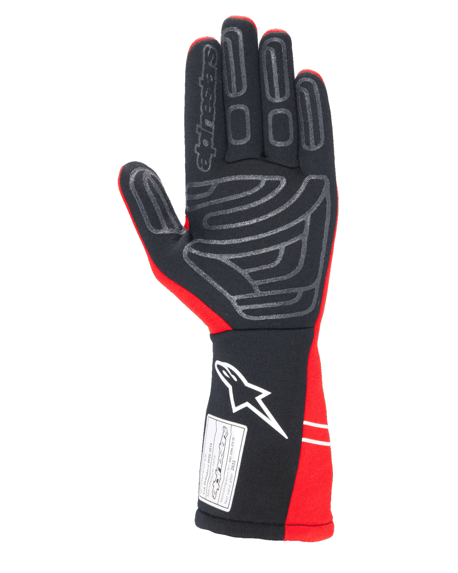 Guanti Alpinestars Tech-1 Start V4 FIA, guanti per corse automobilistiche, rosso e nero, vista del palmo con motivi in silicone grigio per il grip, logo Alpinestars bianco sul polsino allungato ed etichetta di certificazione FIA 8856-2018