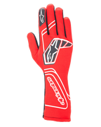 Alpinestars Tech-1 Start V4 Gloves FIA, guanti da corsa automobilistica, rosso con dettagli neri e bianchi, logo a stella sul dorso e nome del brand sul polsino, design a polsino allungato, attrezzatura professionale per motorsport