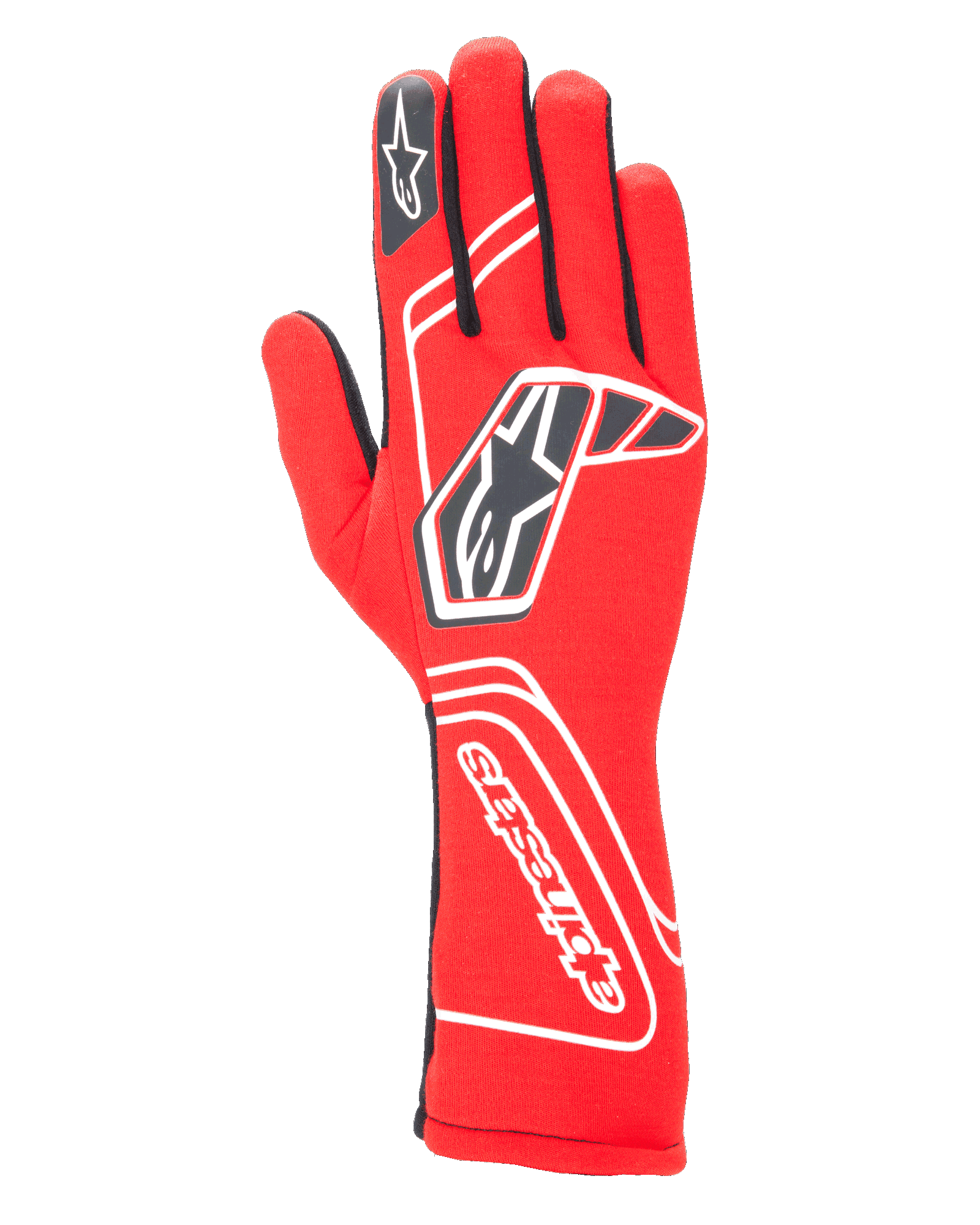 Alpinestars Tech-1 Start V4 Gloves FIA, guanti da corsa automobilistica, rosso con dettagli neri e bianchi, logo a stella sul dorso e nome del brand sul polsino, design a polsino allungato, attrezzatura professionale per motorsport