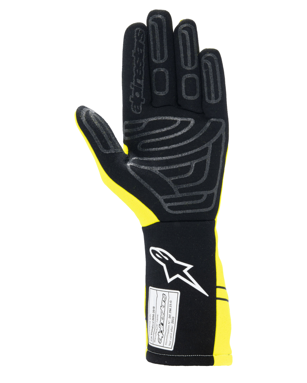 Alpinestars Tech-1 Start V4 Gloves FIA, guanti da corsa auto, giallo fluo e nero, vista del palmo con motivi in silicone per il grip, polsino allungato con logo bianco ed etichetta di certificazione FIA