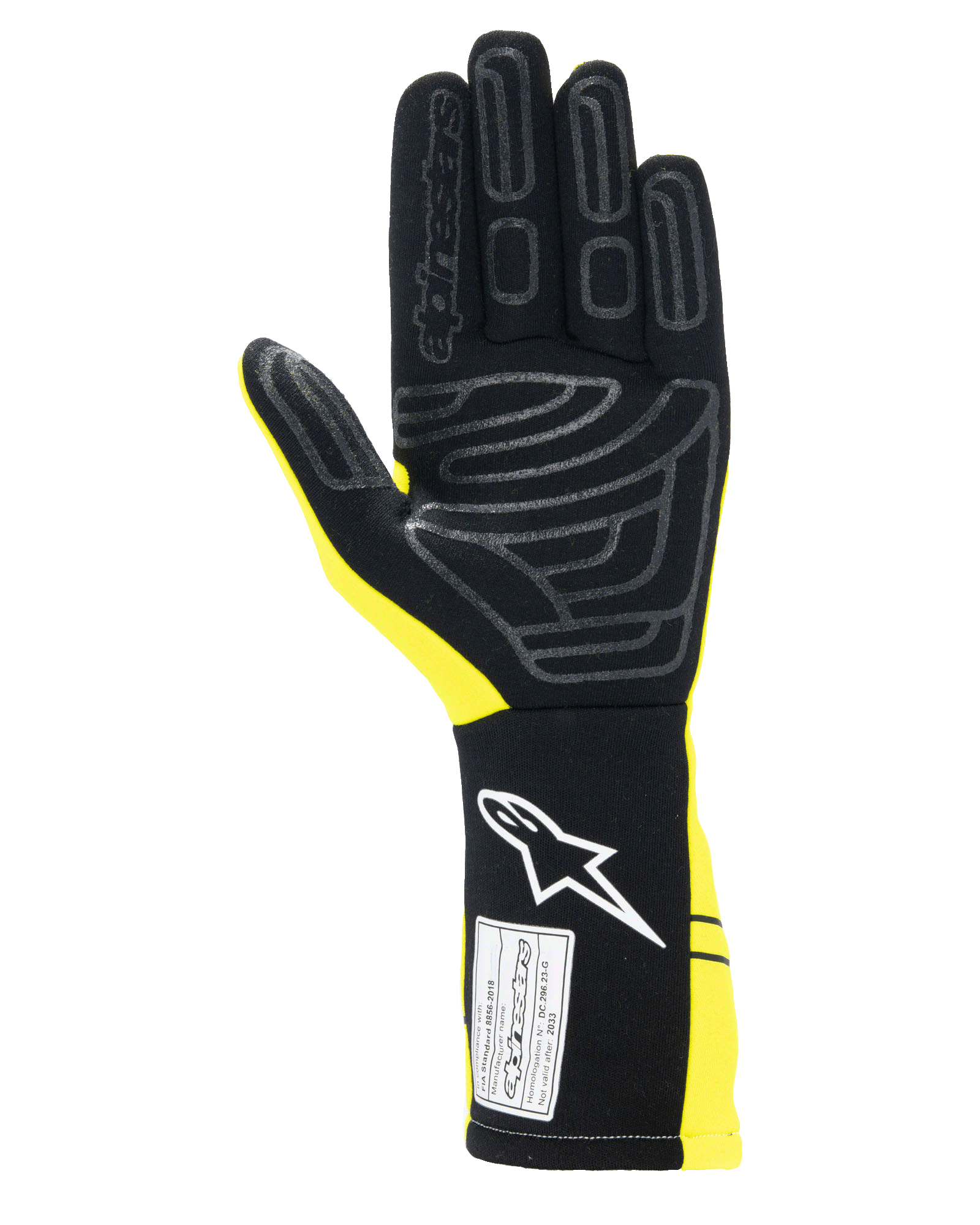 Alpinestars Tech-1 Start V4 Gloves FIA, guanti da corsa auto, giallo fluo e nero, vista del palmo con motivi in silicone per il grip, polsino allungato con logo bianco ed etichetta di certificazione FIA