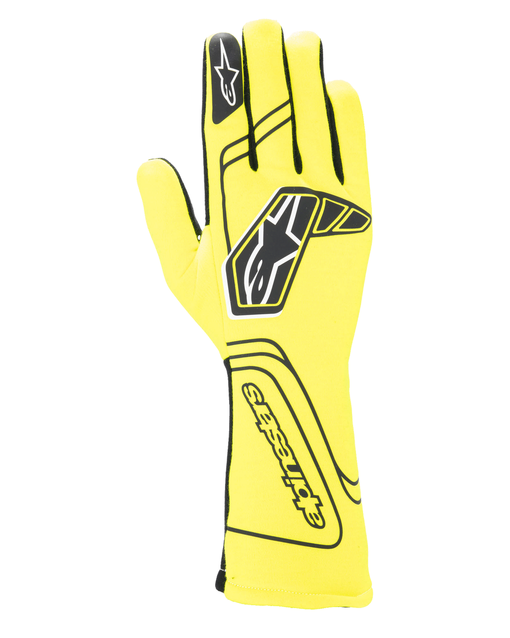 Alpinestars Tech-1 Start V4 Gloves FIA, guanti da corsa auto, giallo fluo e nero, con grande logo a stella nero sul dorso, costruzione delle dita senza cuciture e polsino allungato per la protezione dal fuoco, equipaggiamento motorsport omologato FIA