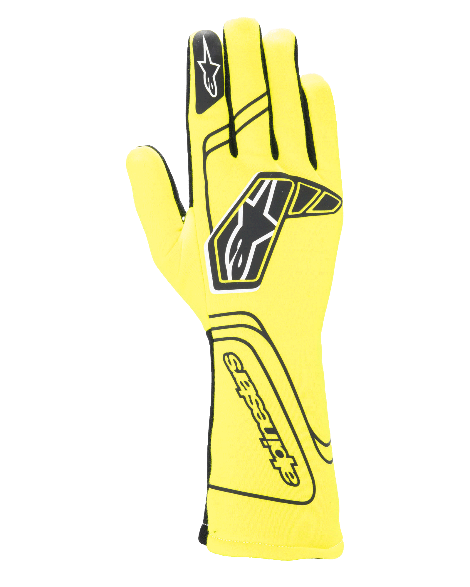 Alpinestars Tech-1 Start V4 Gloves FIA, guanti da corsa auto, giallo fluo e nero, con grande logo a stella nero sul dorso, costruzione delle dita senza cuciture e polsino allungato per la protezione dal fuoco, equipaggiamento motorsport omologato FIA