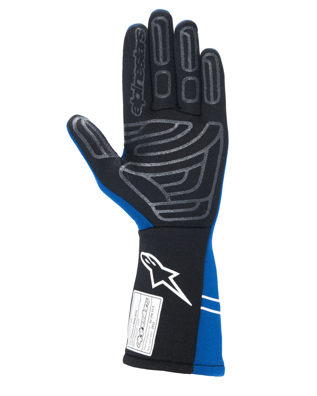 Guanti Alpinestars Tech-1 Start V4 FIA, guanti da corsa auto, blu reale e nero, vista del palmo con motivo grip in silicone grigio su dita e palmo, polsino allungato con logo bianco ed etichetta di omologazione FIA