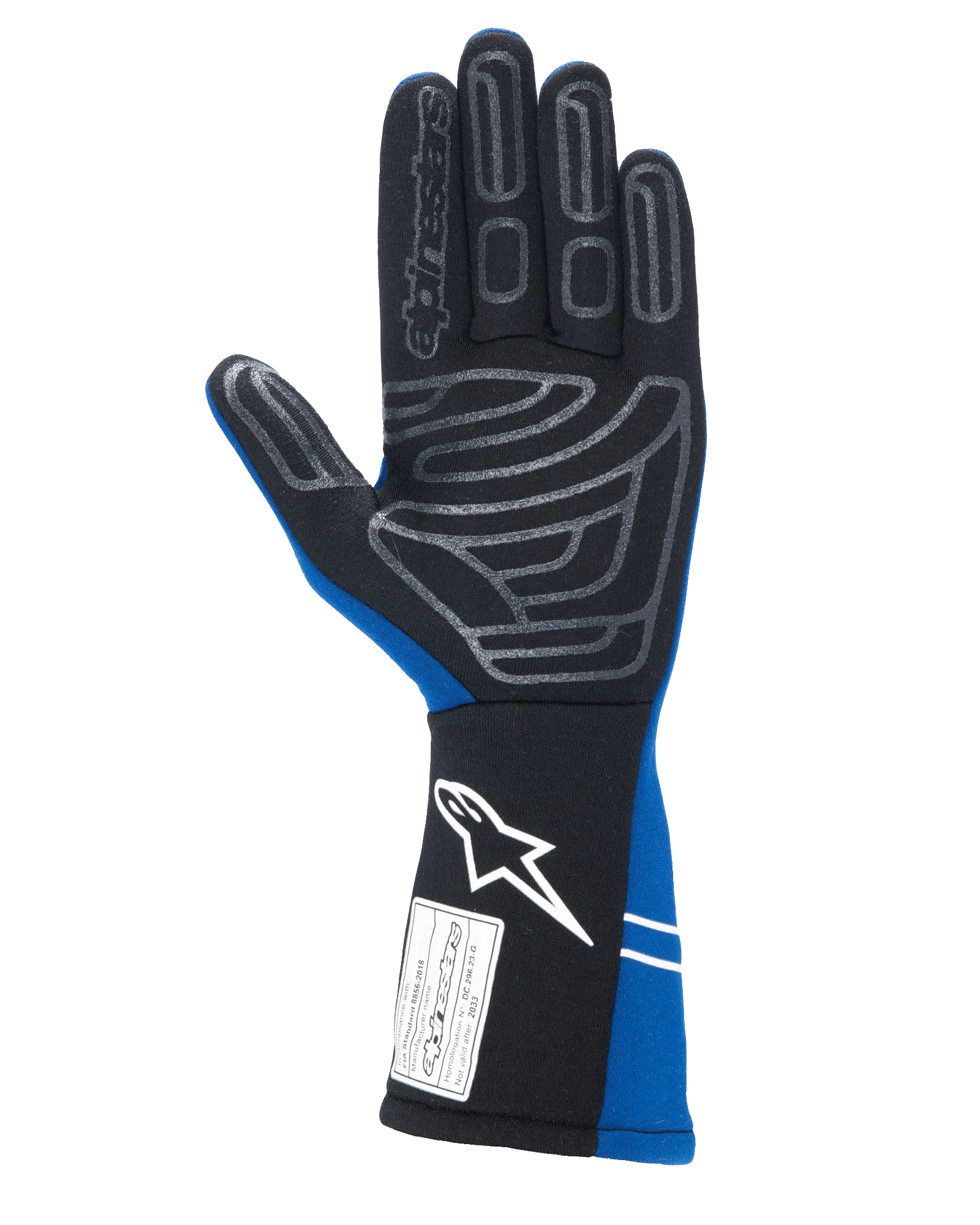 Guanti Alpinestars Tech-1 Start V4 FIA, guanti da corsa auto, blu reale e nero, vista del palmo con motivo grip in silicone grigio su dita e palmo, polsino allungato con logo bianco ed etichetta di omologazione FIA
