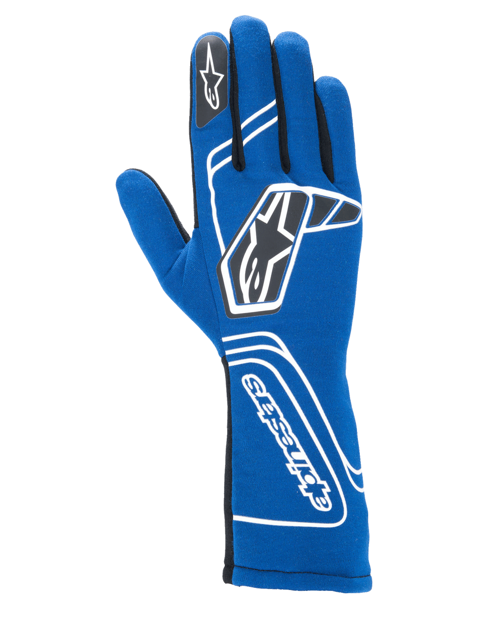 Guanti Alpinestars Tech-1 Start V4 FIA, guanti da corsa automobilistica, blu Royal, con branding geometrico bianco e loghi a stella neri, polsino allungato con scritta Alpinestars in verticale, elegante struttura senza cuciture per prestazioni leggere, attrezzatura da corsa professionale certificata FIA