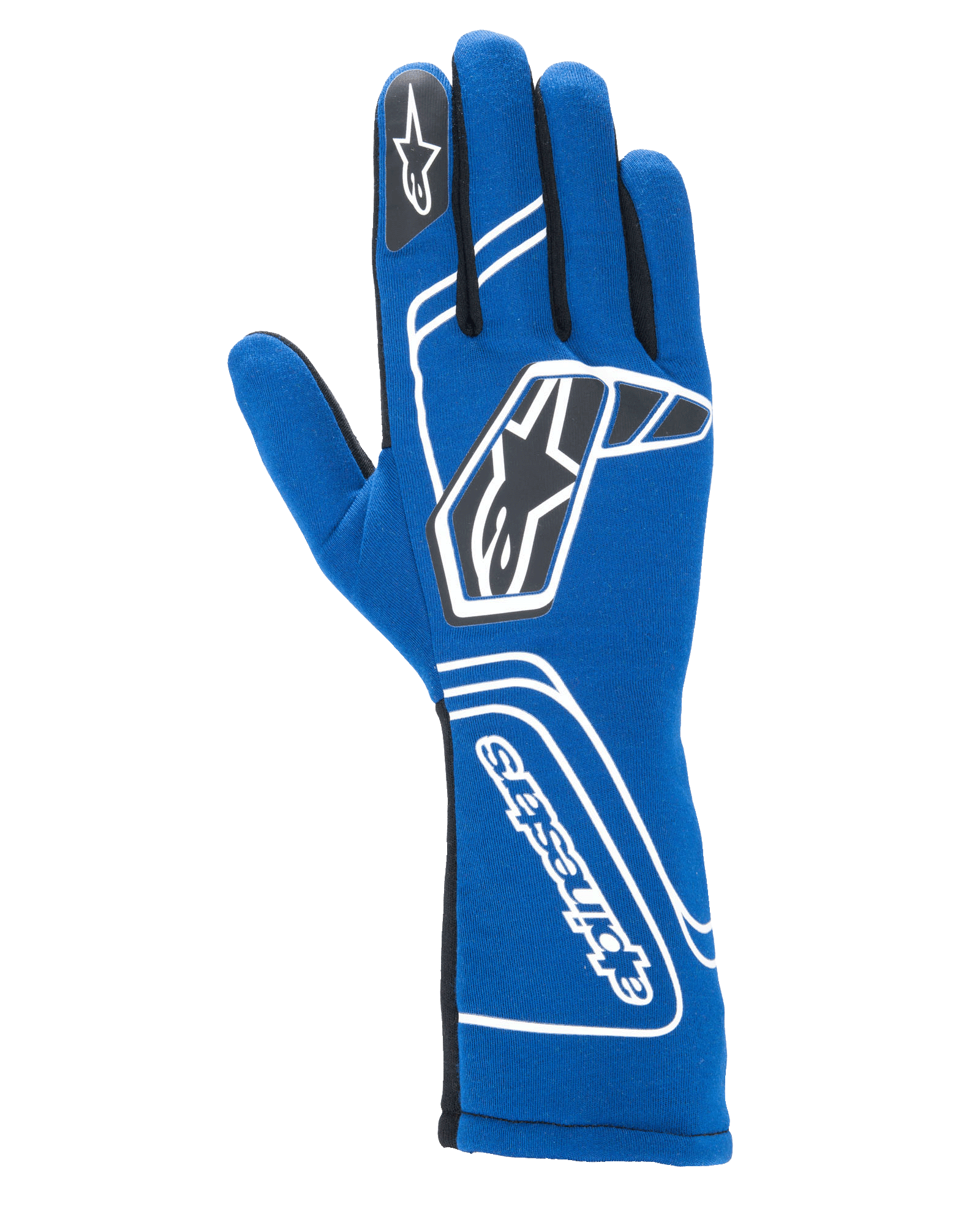 Guanti Alpinestars Tech-1 Start V4 FIA, guanti da corsa automobilistica, blu Royal, con branding geometrico bianco e loghi a stella neri, polsino allungato con scritta Alpinestars in verticale, elegante struttura senza cuciture per prestazioni leggere, attrezzatura da corsa professionale certificata FIA