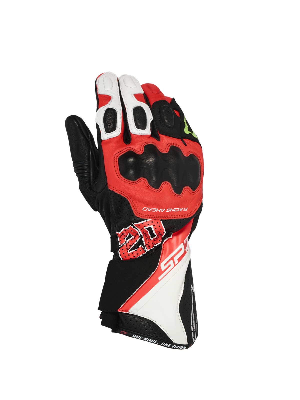 Guanti Alpinestars FQ20 SP-3 Monster, guanti da corsa per moto, nero, rosso fluo e bianco, con design a polsino lungo, protezione rigida per le nocche, grafica '20' prominente e marchio SP-3, struttura in pelle per guida sportiva e su strada