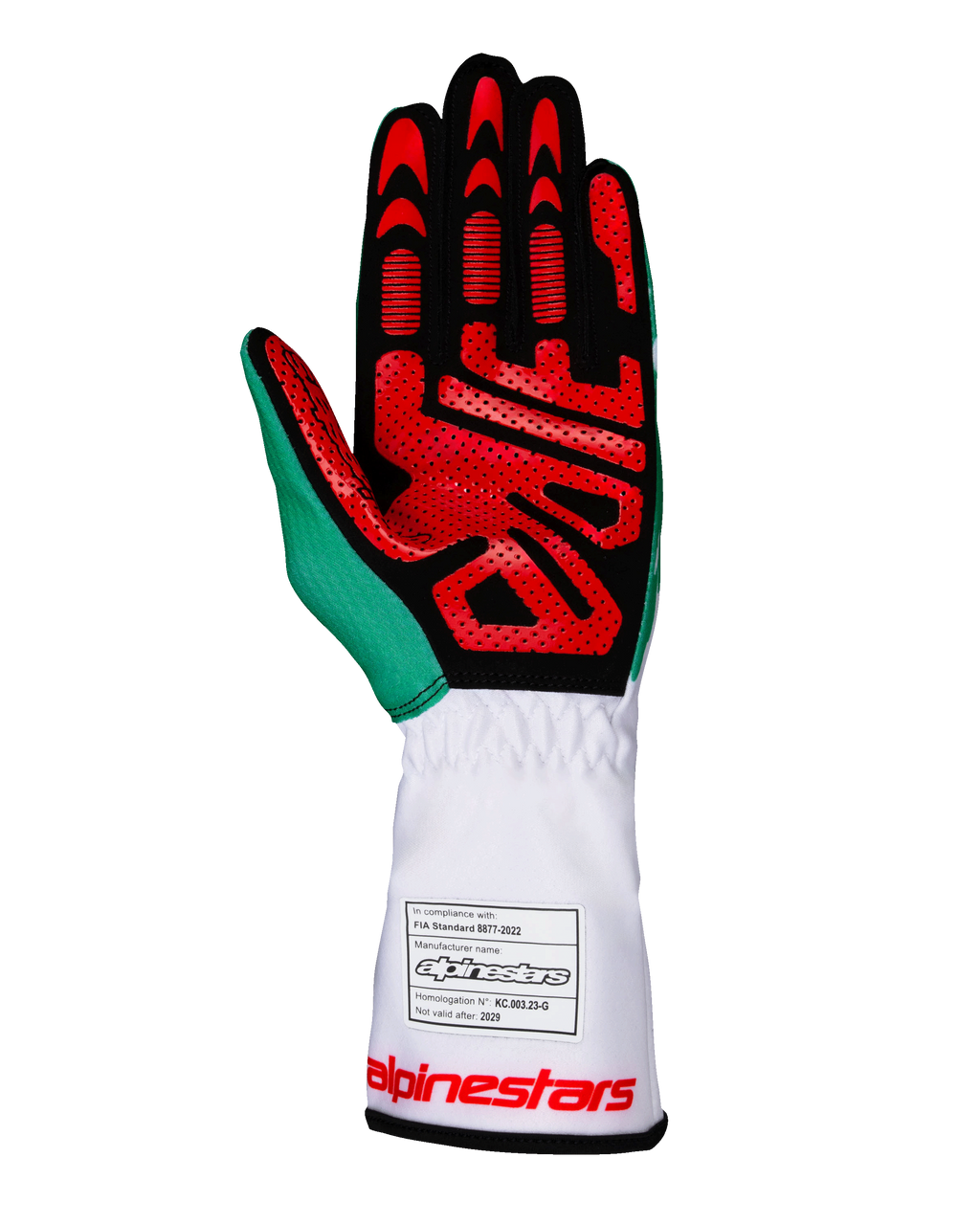 Guanti Alpinestars Tech-1 K V3, guanti da kart, bianco verde e rosso, vista del palmo in pelle scamosciata sintetica nera con motivi grip in silicone rosso, dettaglio del pollice verde, polsino lungo bianco con etichetta di omologazione FIA e logo rosso, abbigliamento tecnico professionale