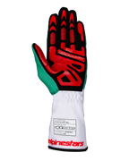 Guanti Alpinestars Tech-1 K V3, guanti da kart, bianco verde e rosso, vista del palmo in pelle scamosciata sintetica nera con motivi grip in silicone rosso, dettaglio del pollice verde, polsino lungo bianco con etichetta di omologazione FIA e logo rosso, abbigliamento tecnico professionale