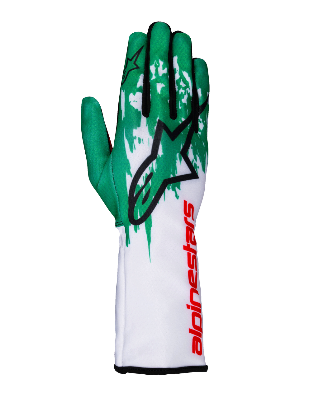 Guanti Alpinestars Tech-1 K V3, guanti da karting, bianco, verde e rosso, grande logo a stella nero sul dorso, marchio Alpinestars rosso in verticale sul polsino, motivo grafico verde e bianco sulle dita, design tecnico aderente