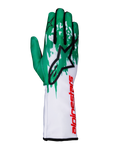 Guanti Alpinestars Tech-1 K V3, guanti da karting, bianco, verde e rosso, grande logo a stella nero sul dorso, marchio Alpinestars rosso in verticale sul polsino, motivo grafico verde e bianco sulle dita, design tecnico aderente