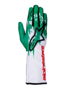 Guanti Alpinestars Tech-1 K V3, guanti da karting, bianco, verde e rosso, grande logo a stella nero sul dorso, marchio Alpinestars rosso in verticale sul polsino, motivo grafico verde e bianco sulle dita, design tecnico aderente