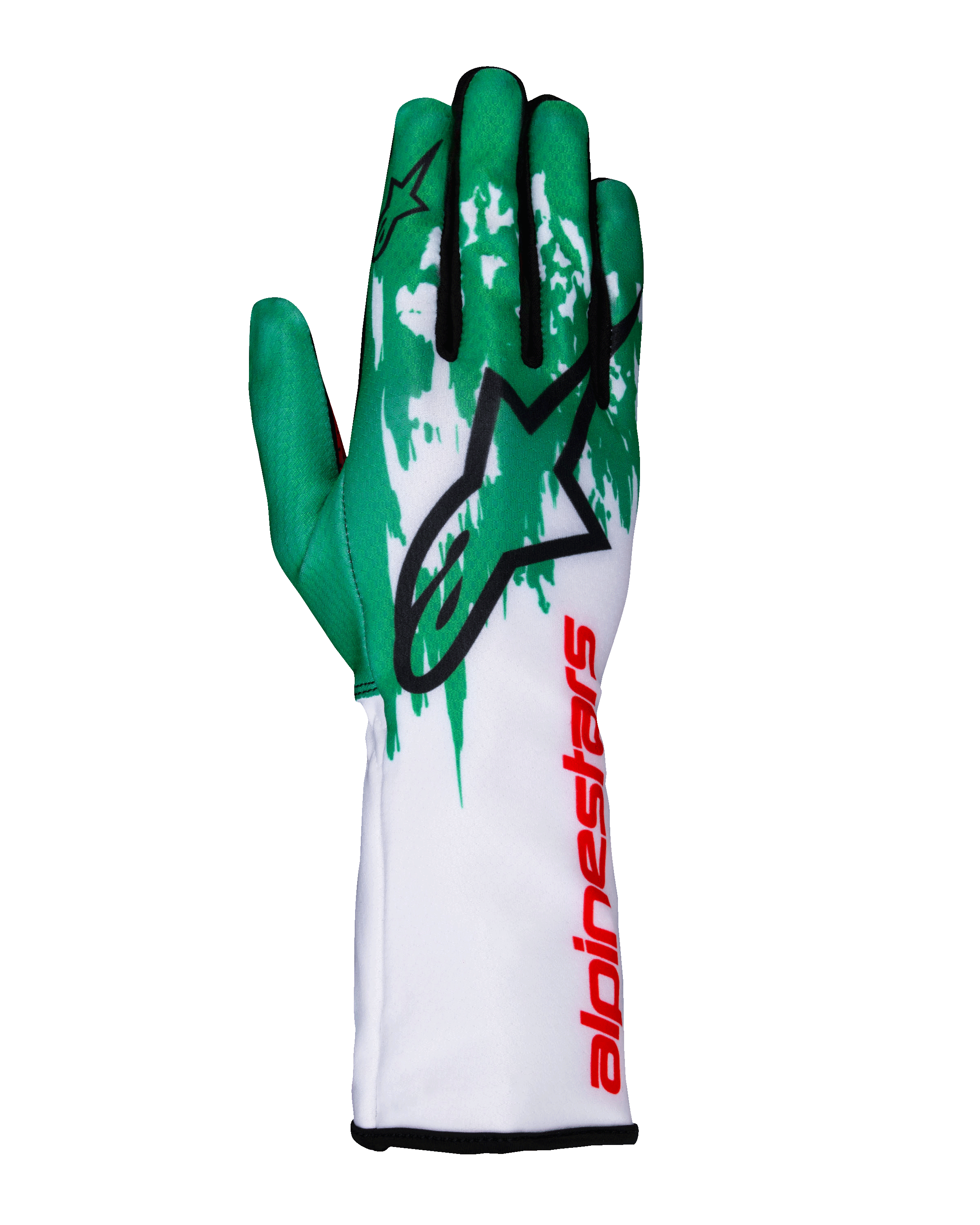 Guanti Alpinestars Tech-1 K V3, guanti da karting, bianco, verde e rosso, caratterizzati da una parte superiore verde con grafica splash, grande logo Astars nero e un polsino lungo bianco con marchio rosso, design da gara professionale