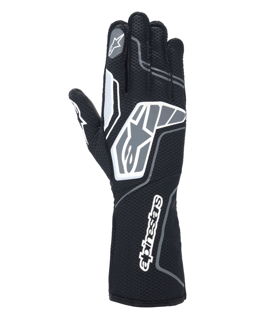 Guanti Alpinestars Tech-1 KX V4, guanti da karting, nero antracite, vista posteriore con mesh traspirante a doppio strato, dettagli grafici grigi e bianchi, branding Alpinestars in evidenza sul polso e sulle nocche, equipaggiamento tecnico da corsa