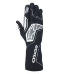 Guanti Alpinestars Tech-1 KX V4, guanti da karting, nero antracite, vista posteriore con mesh traspirante a doppio strato, dettagli grafici grigi e bianchi, branding Alpinestars in evidenza sul polso e sulle nocche, equipaggiamento tecnico da corsa