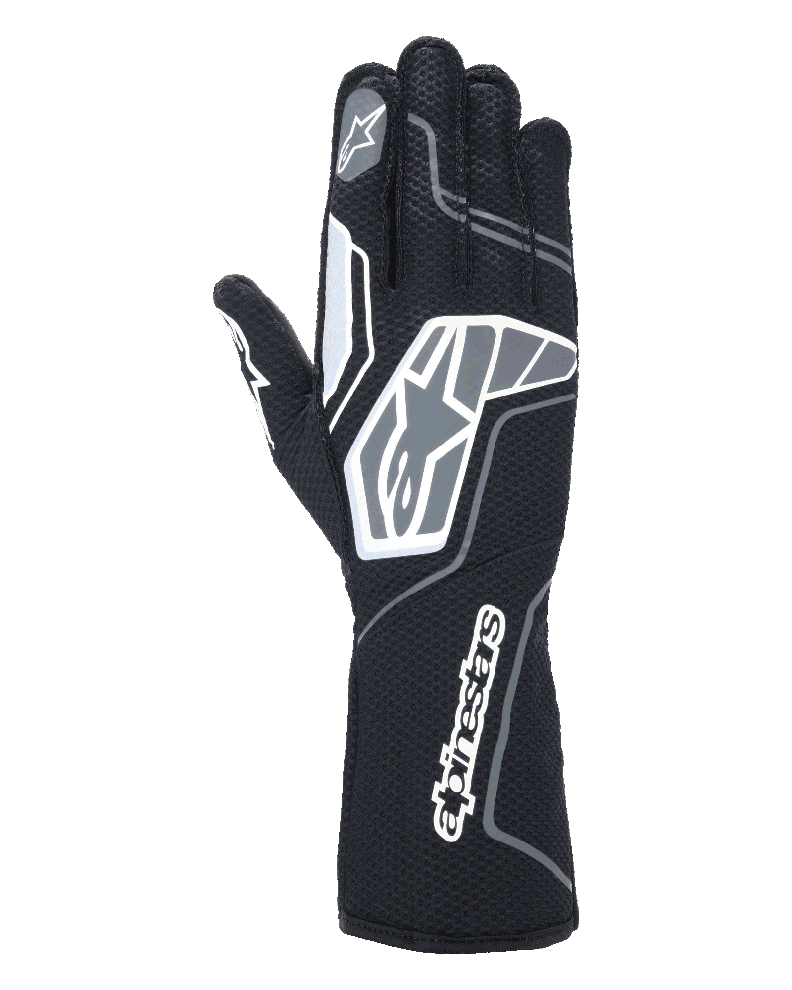Guanti Alpinestars Tech-1 KX V4, guanti da karting, nero antracite, vista posteriore con mesh traspirante a doppio strato, dettagli grafici grigi e bianchi, branding Alpinestars in evidenza sul polso e sulle nocche, equipaggiamento tecnico da corsa
