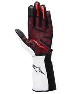 Guanti Alpinestars Tech-1 KX V4, guanti da karting, nero, bianco e rosso, vista del palmo con motivo grip in silicone 3D rosso, polsino bianco con logo a stella nero, design da motorsport ad alte prestazioni