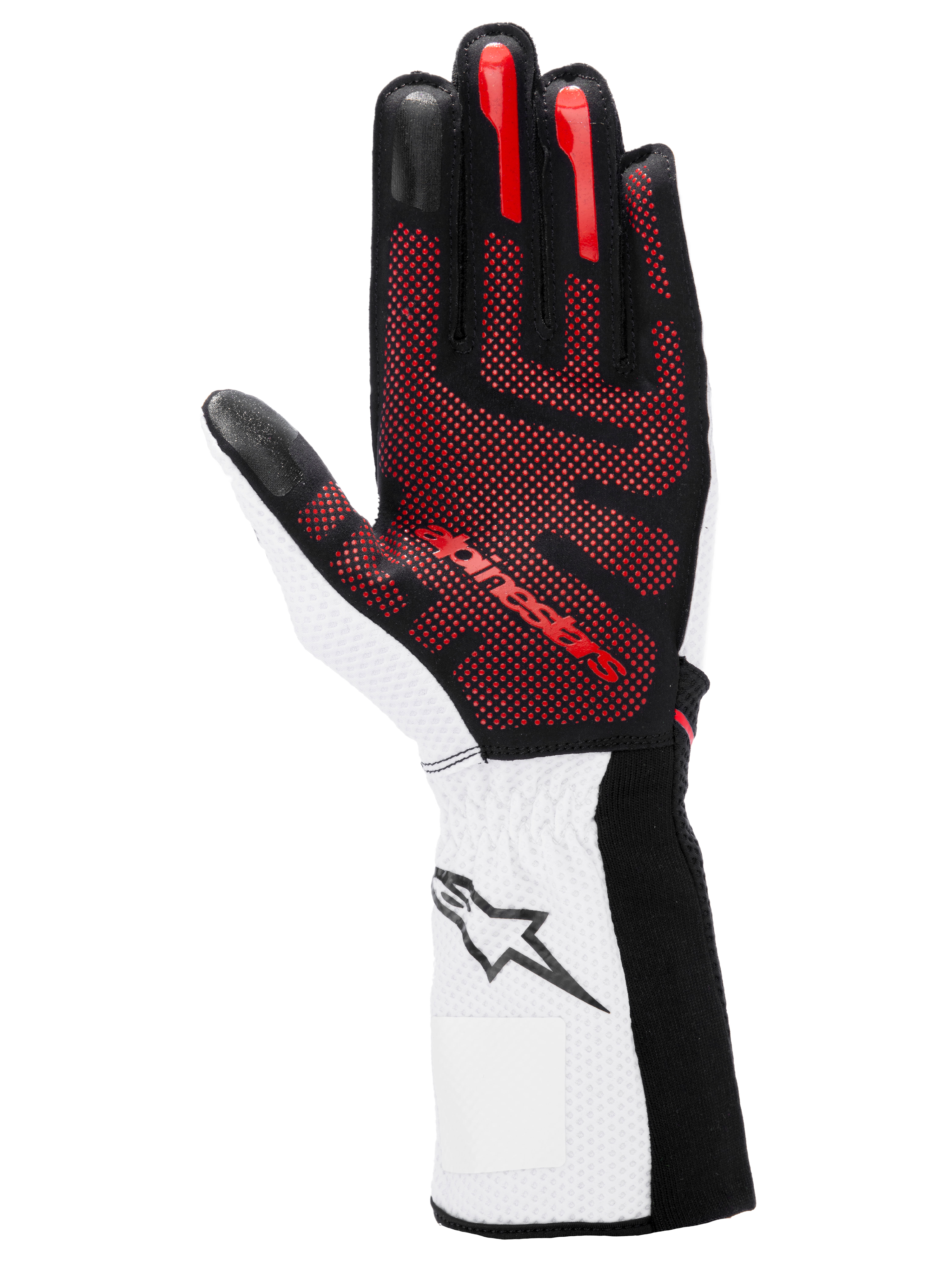 Guanti Alpinestars Tech-1 KX V4, guanti da karting, nero, bianco e rosso, vista del palmo con motivo grip in silicone 3D rosso, polsino bianco con logo a stella nero, design da motorsport ad alte prestazioni