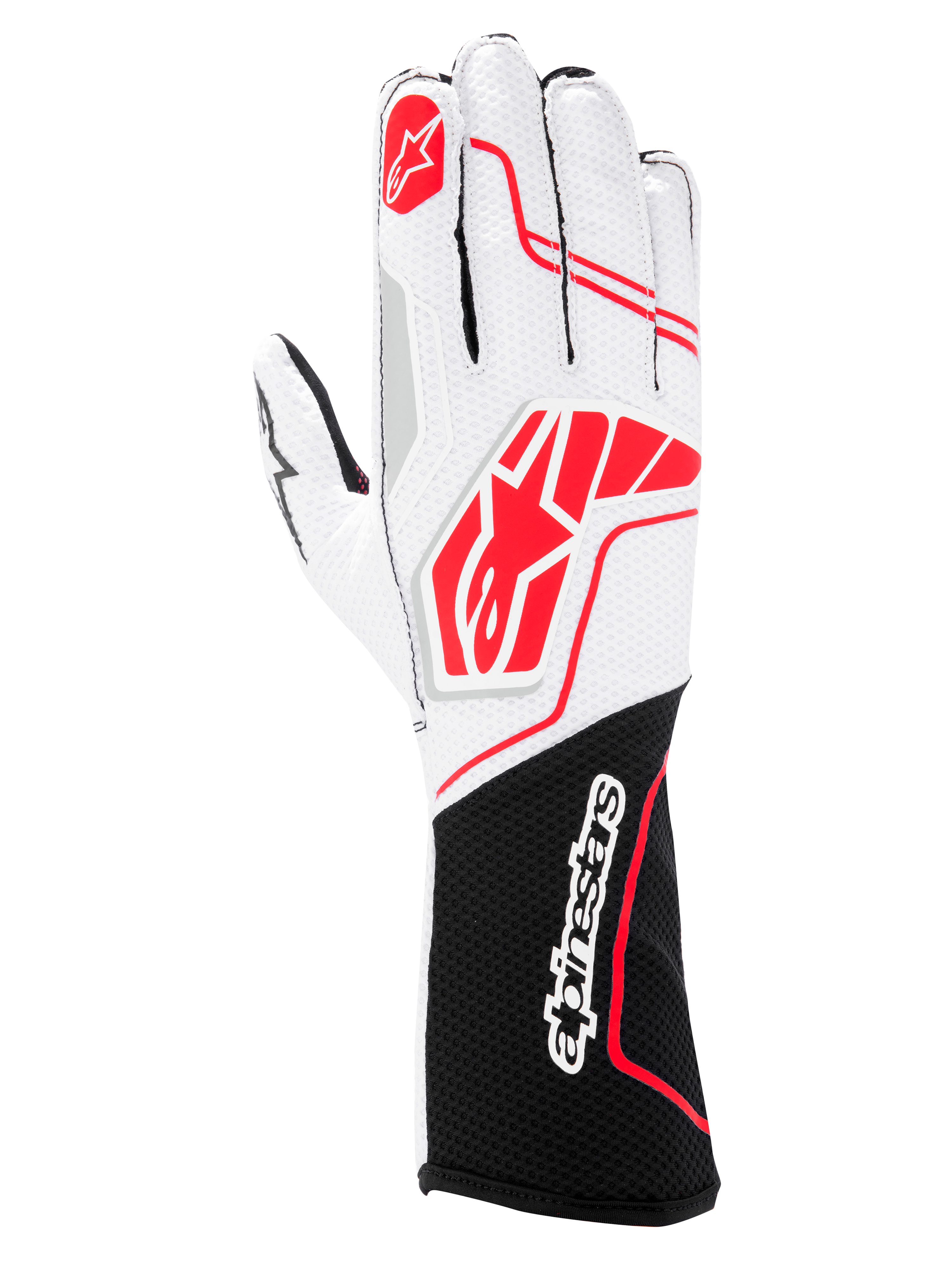Guanti Alpinestars Tech-1 KX V4, guanti da karting, nero bianco rosso, con parte superiore in mesh bianco traspirante, loghi Alpinestars rossi e polsino nero con logo testuale bianco.