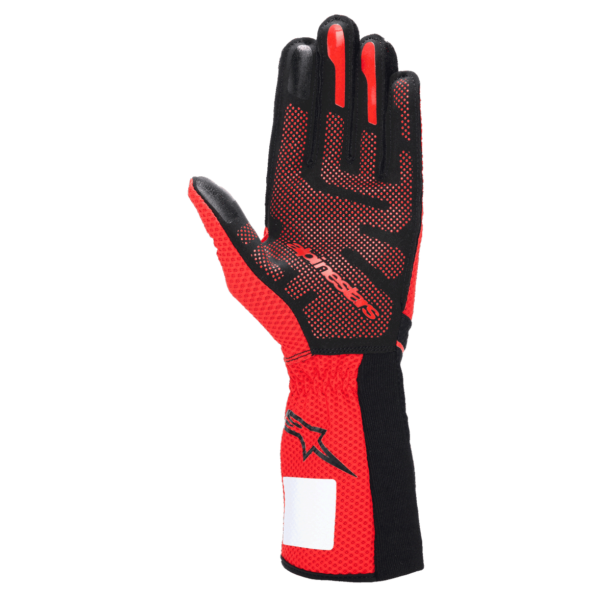 Guanti Alpinestars Tech-1 KX V4, guanti da karting, nero e rosso, vista del palmo con motivo grip in silicone 3D, tessuto mesh rosso traspirante ed etichetta identificativa bianca sul polso
