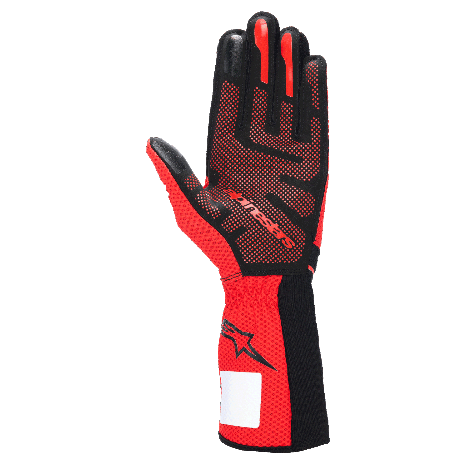 Guanti Alpinestars Tech-1 KX V4, guanti da karting, nero e rosso, vista del palmo con motivo grip in silicone 3D, tessuto mesh rosso traspirante ed etichetta identificativa bianca sul polso