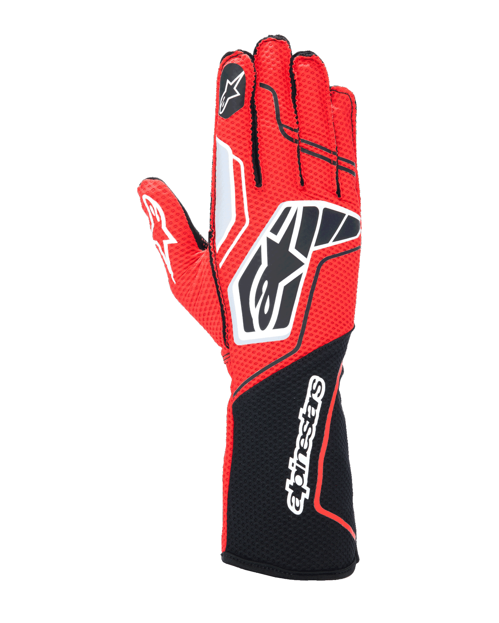 Guanti Alpinestars Tech-1 KX V4, guanti da karting, rosso e nero con dettagli bianchi, costruzione in mesh traspirante, grande logo a stella sul dorso, polsino lungo con scritta Alpinestars, attrezzatura professionale per motorsport
