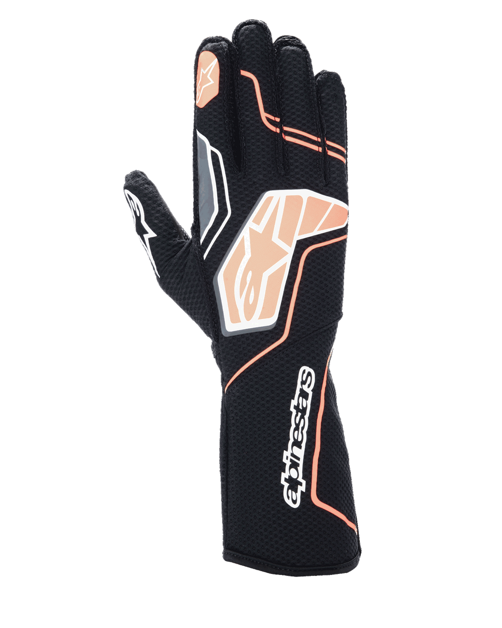 Guanti Alpinestars Tech-1 KX V4, guanti da karting, nero e arancione fluorescente, con struttura in mesh traspirante, dettagli grafici arancioni e bianchi, logo Alpinestars sulle nocche e sul polsino, design racing professionale