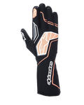 Guanti Alpinestars Tech-1 KX V4, guanti da karting, nero e arancione fluorescente, con struttura in mesh traspirante, dettagli grafici arancioni e bianchi, logo Alpinestars sulle nocche e sul polsino, design racing professionale