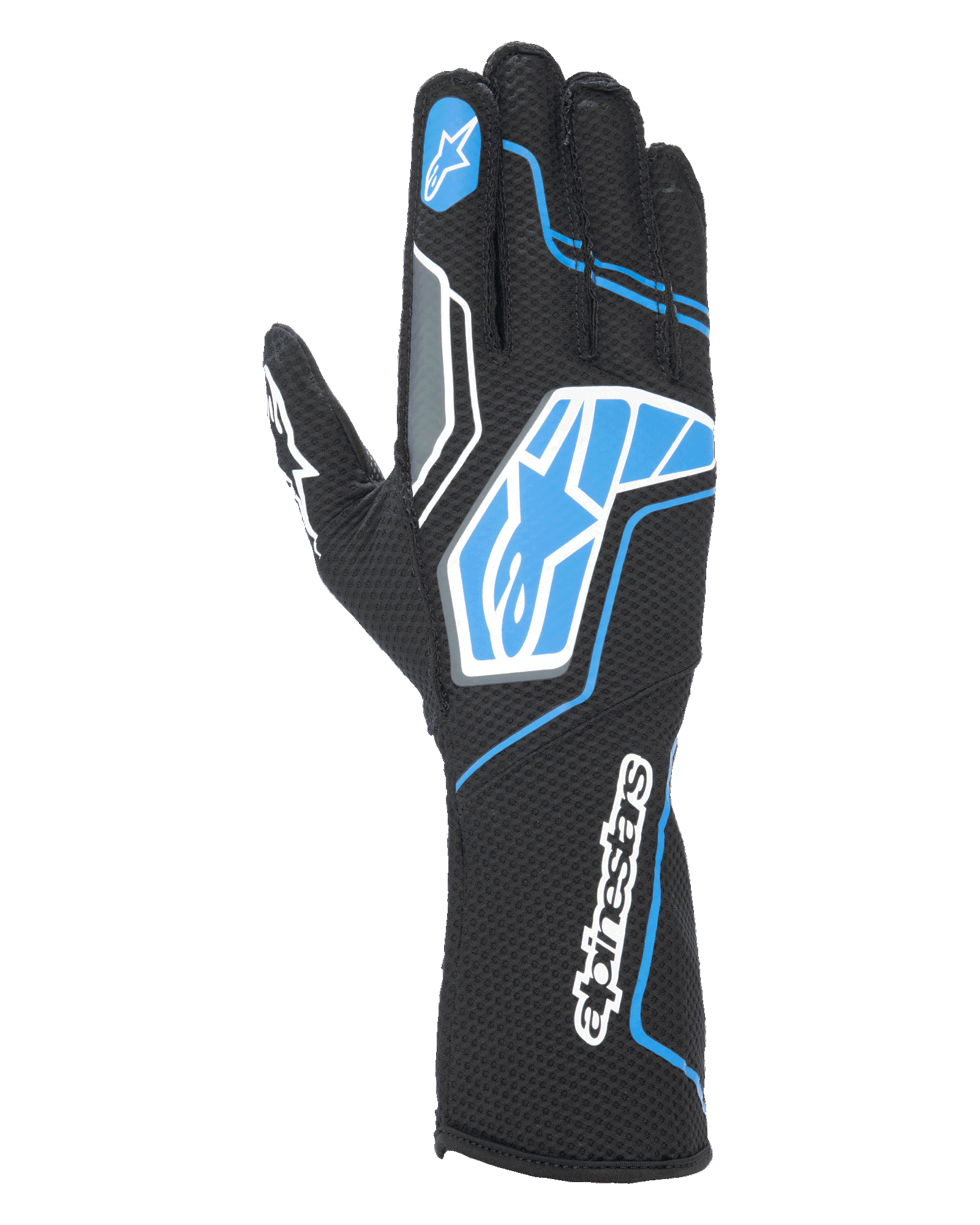 Guanti Alpinestars Tech-1 KX V4, guanti da karting, nero e blu, mesh traspirante a due strati, motivi grafici blu e bianchi con logo Alpinestars, design sportivo per karting competitivo