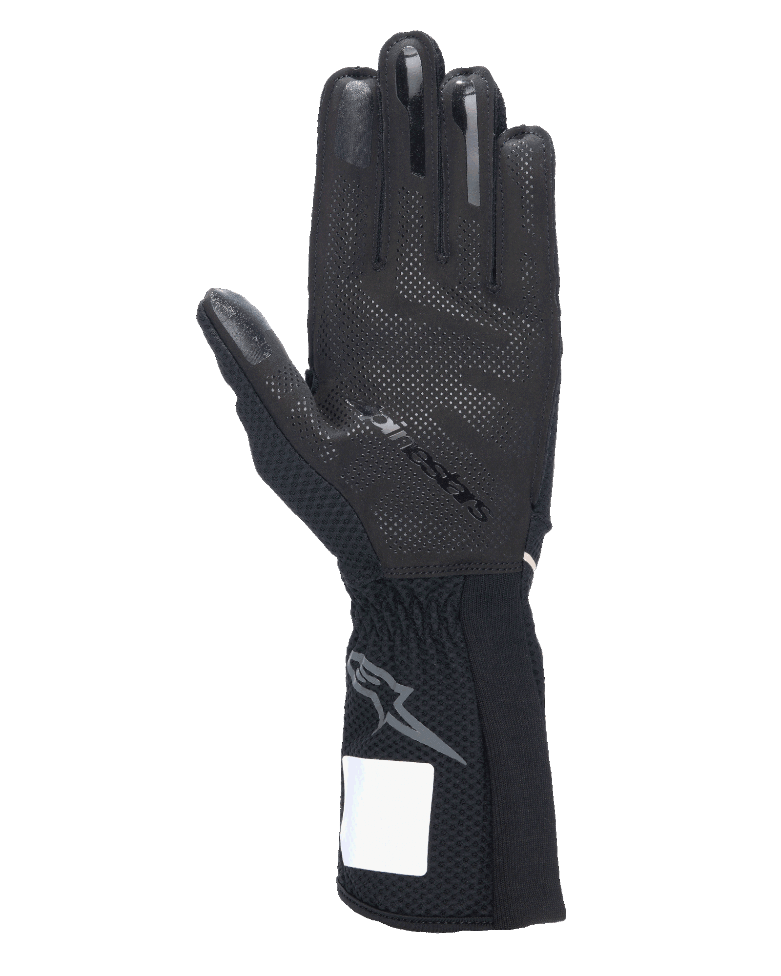 Guanti Alpinestars Tech-1 KX V4, guanti da karting, nero, vista del palmo con motivo grip in silicone 3D, cuciture esterne e polsino a coste con logo Astars grigio, attrezzatura professionale per motorsport