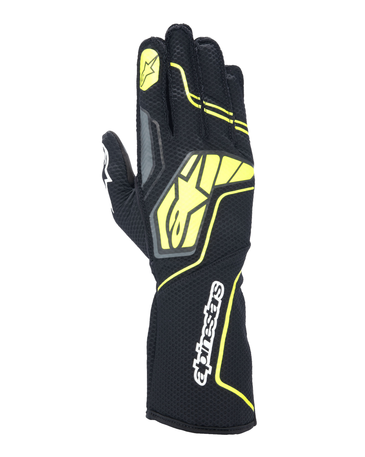 Guanti Alpinestars Tech-1 KX V4, guanti da karting, grigio tar, nero e giallo fluo, vista del dorso con struttura in mesh traspirante, grande logo Alpinestars giallo, scritta bianca sul polso, stella gialla sull'indice, design sportivo moderno