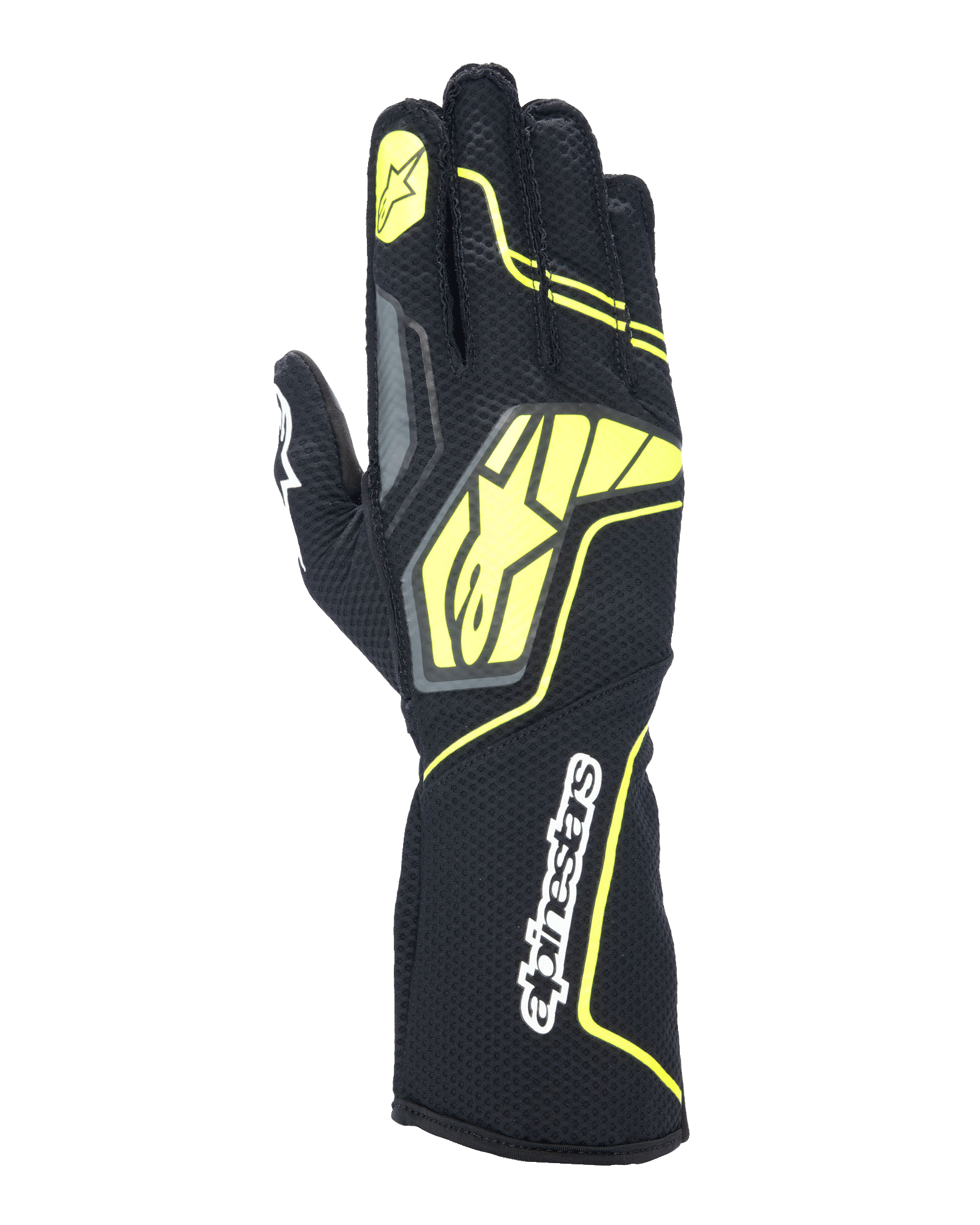 Guanti Alpinestars Tech-1 KX V4, guanti da karting, grigio tar, nero e giallo fluo, vista del dorso con struttura in mesh traspirante, grande logo Alpinestars giallo, scritta bianca sul polso, stella gialla sull'indice, design sportivo moderno