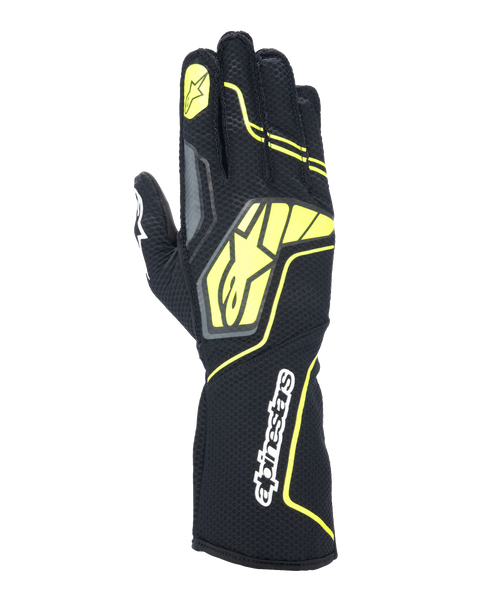 Alpinestars Tech-1 KX V4 Gloves, Karting Racing Gloves, Tar Gray, Black and Yellow Fluo, backhand view featuring breathable mesh construction, large yellow Alpinestars logo, white wordmark on the wrist, yellow star on index finger, modern sporty design