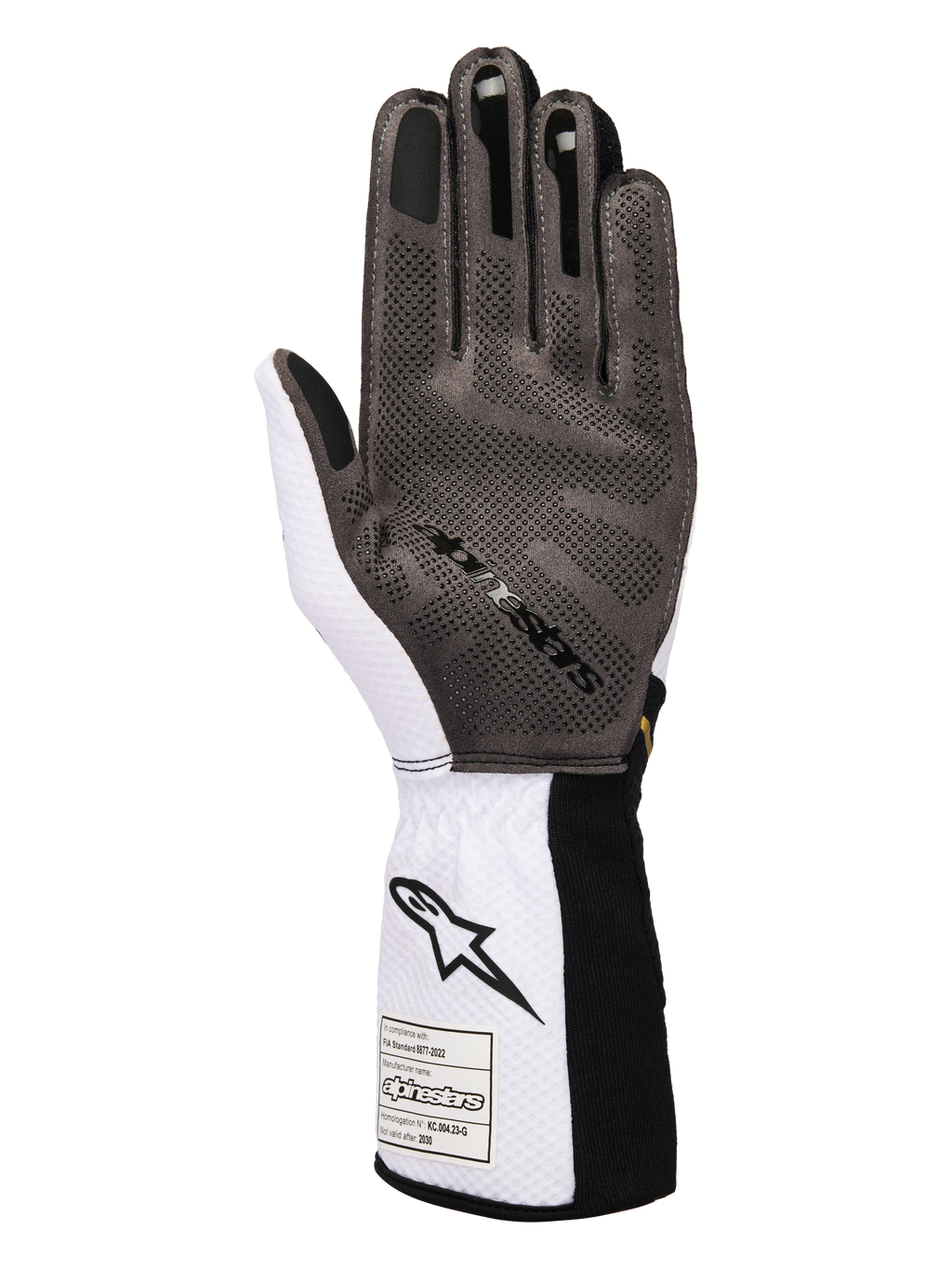 Guanti Alpinestars Tech-1 KX V4, guanti da kart, bianco, nero e oro, vista del palmo che mostra il pattern di grip in silicone 3D, costruzione in mesh bianco traspirante ed etichetta di certificazione FIA 8877-2022 sul polsino.