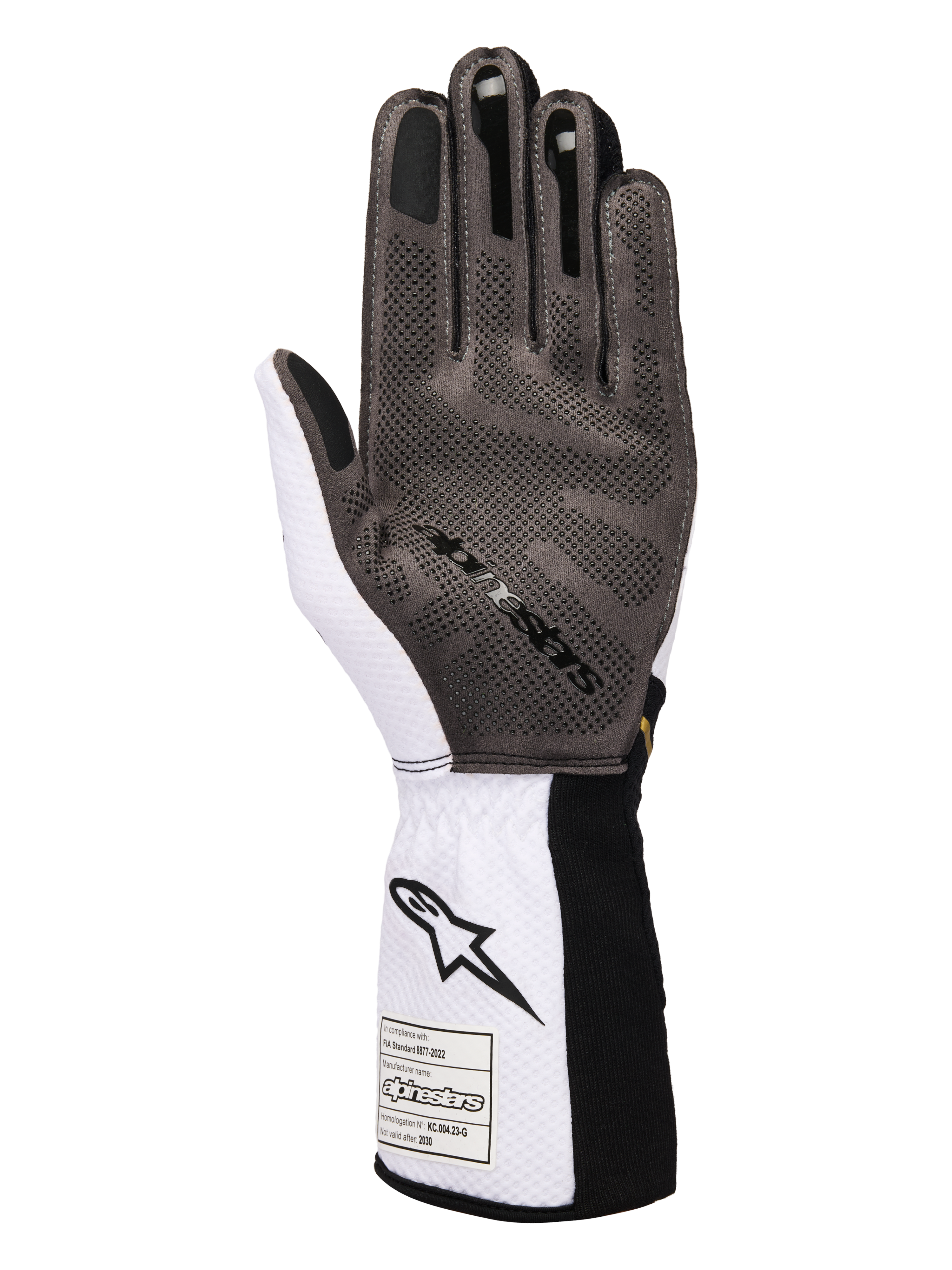 Guanti Alpinestars Tech-1 KX V4, guanti da kart, bianco, nero e oro, vista del palmo che mostra il pattern di grip in silicone 3D, costruzione in mesh bianco traspirante ed etichetta di certificazione FIA 8877-2022 sul polsino.