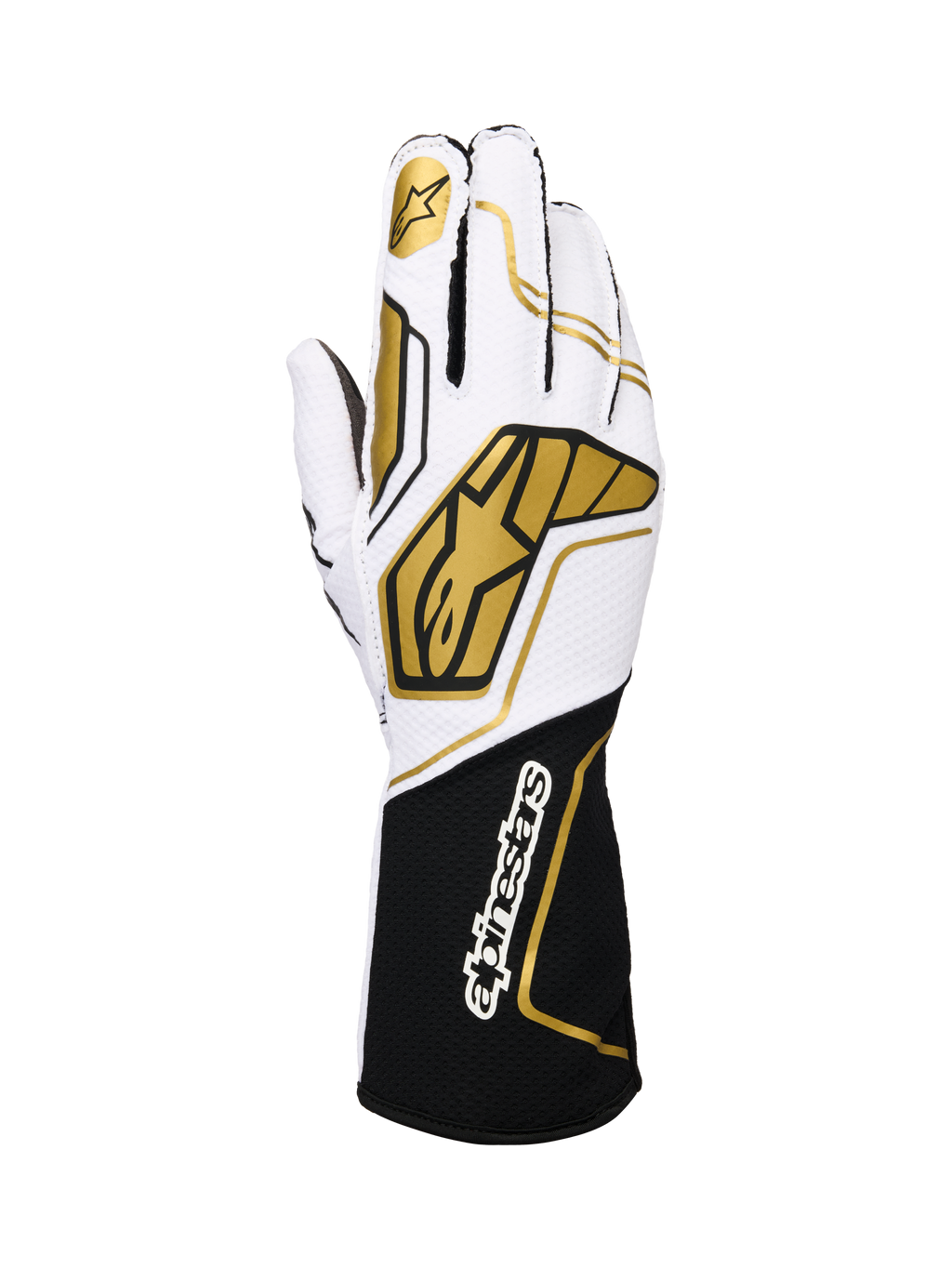 Alpinestars Tech-1 KX V4, guanti da karting, bianco e nero con accenti oro, con logo a stella dorato sull'indice e ampi motivi geometrici oro sul dorso, struttura in mesh traspirante con polsino nero e branding bianco, design ergonomico per prestazioni motorsport
