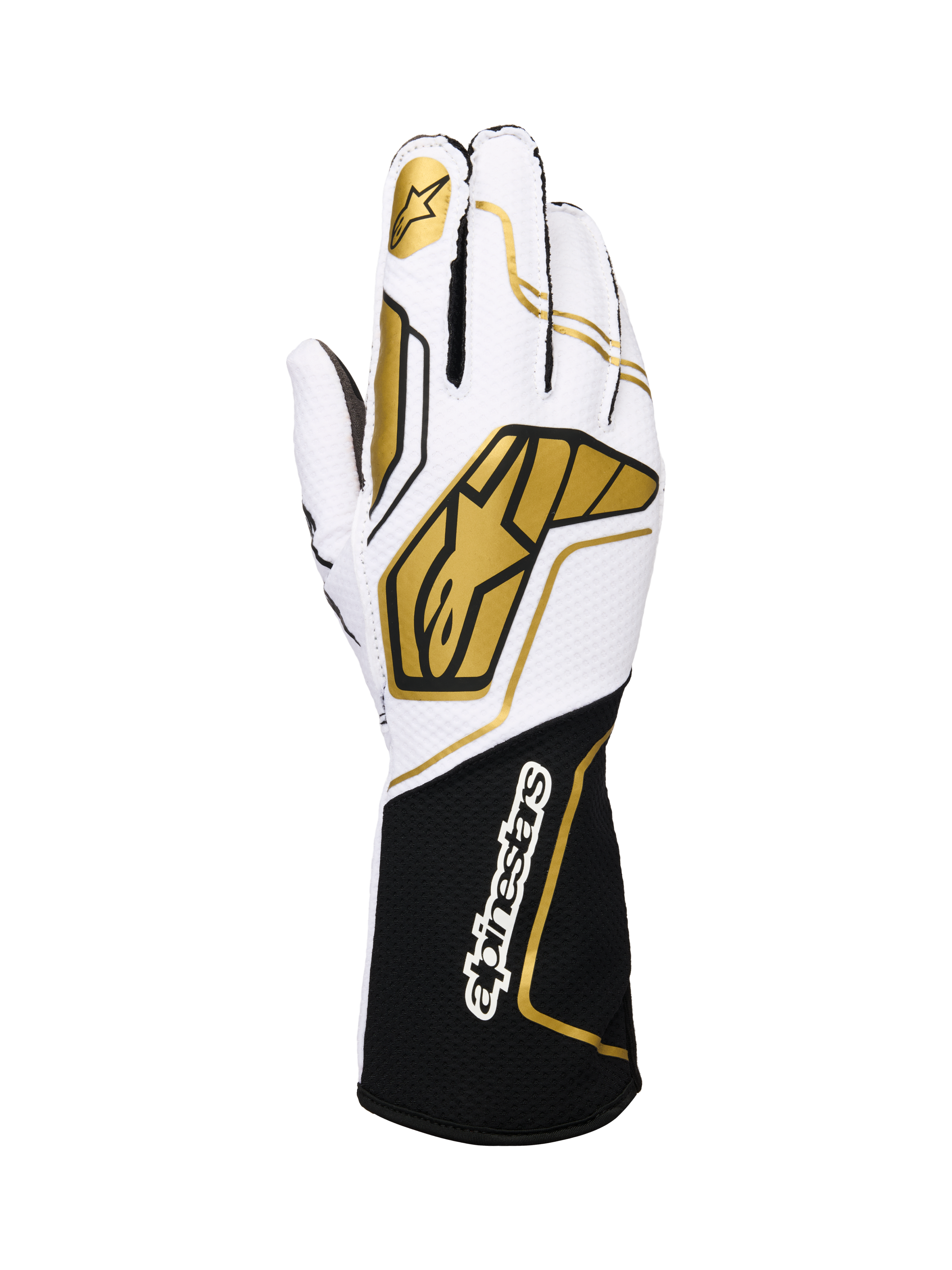 Alpinestars Tech-1 KX V4, guanti da karting, bianco e nero con accenti oro, con logo a stella dorato sull'indice e ampi motivi geometrici oro sul dorso, struttura in mesh traspirante con polsino nero e branding bianco, design ergonomico per prestazioni motorsport