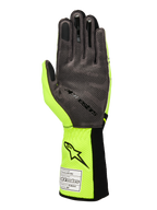 Guanti Alpinestars Tech-1 KX V4, guanti da kart, giallo fluo e nero, vista del palmo in pelle scamosciata sintetica grigia con motivo grip in silicone 3D, etichetta di omologazione FIA sul polsino a coste, design racing ad alte prestazioni