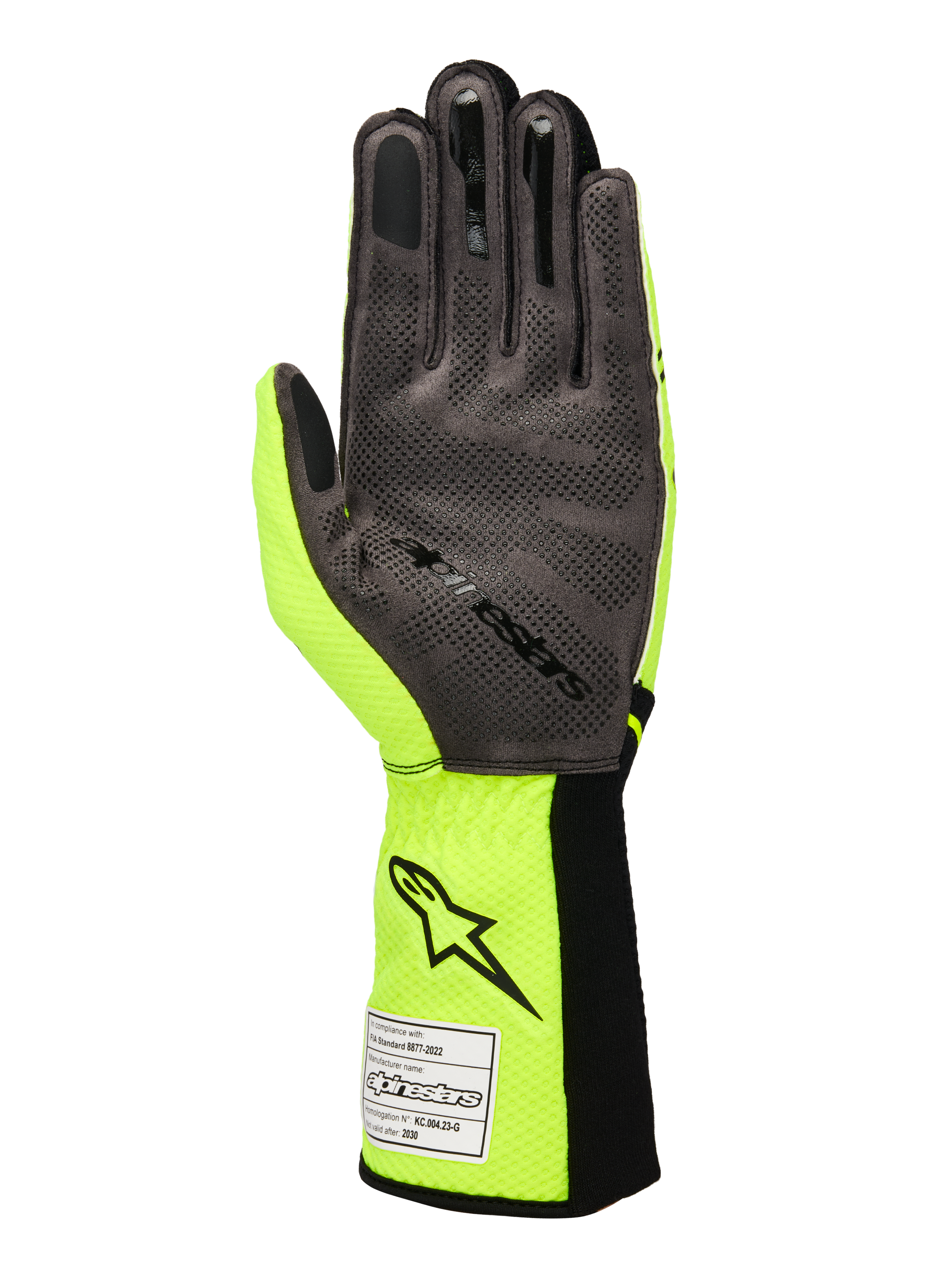 Guanti Alpinestars Tech-1 KX V4, guanti da kart, giallo fluo e nero, vista del palmo in pelle scamosciata sintetica grigia con motivo grip in silicone 3D, etichetta di omologazione FIA sul polsino a coste, design racing ad alte prestazioni
