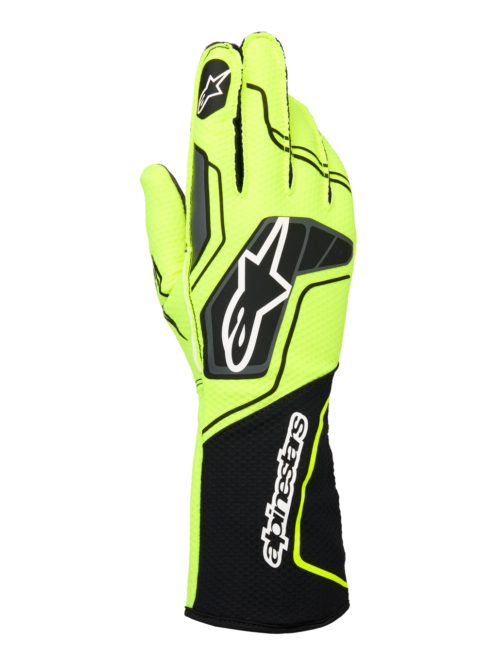 Alpinestars Tech-1 KX V4 Gloves, guanti da karting, giallo fluo e nero, vista posteriore con costruzione in rete traspirante a doppio strato, logo Astar prominente sul dorso e marchio Alpinestars sul polsino a coste esteso, design ergonomico ad alte prestazioni.