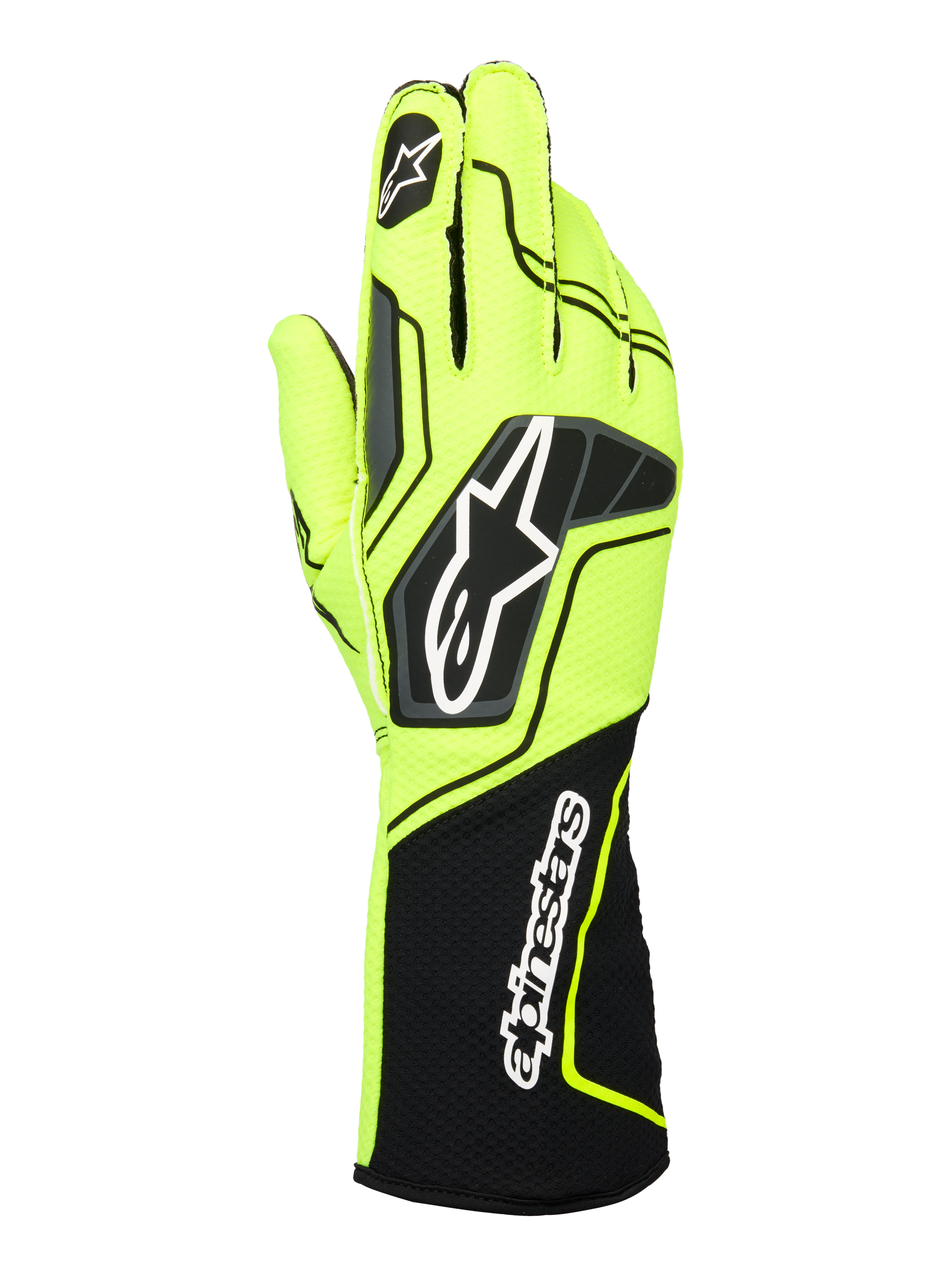 Alpinestars Tech-1 KX V4 Gloves, guanti da karting, giallo fluo e nero, vista posteriore con costruzione in rete traspirante a doppio strato, logo Astar prominente sul dorso e marchio Alpinestars sul polsino a coste esteso, design ergonomico ad alte prestazioni.