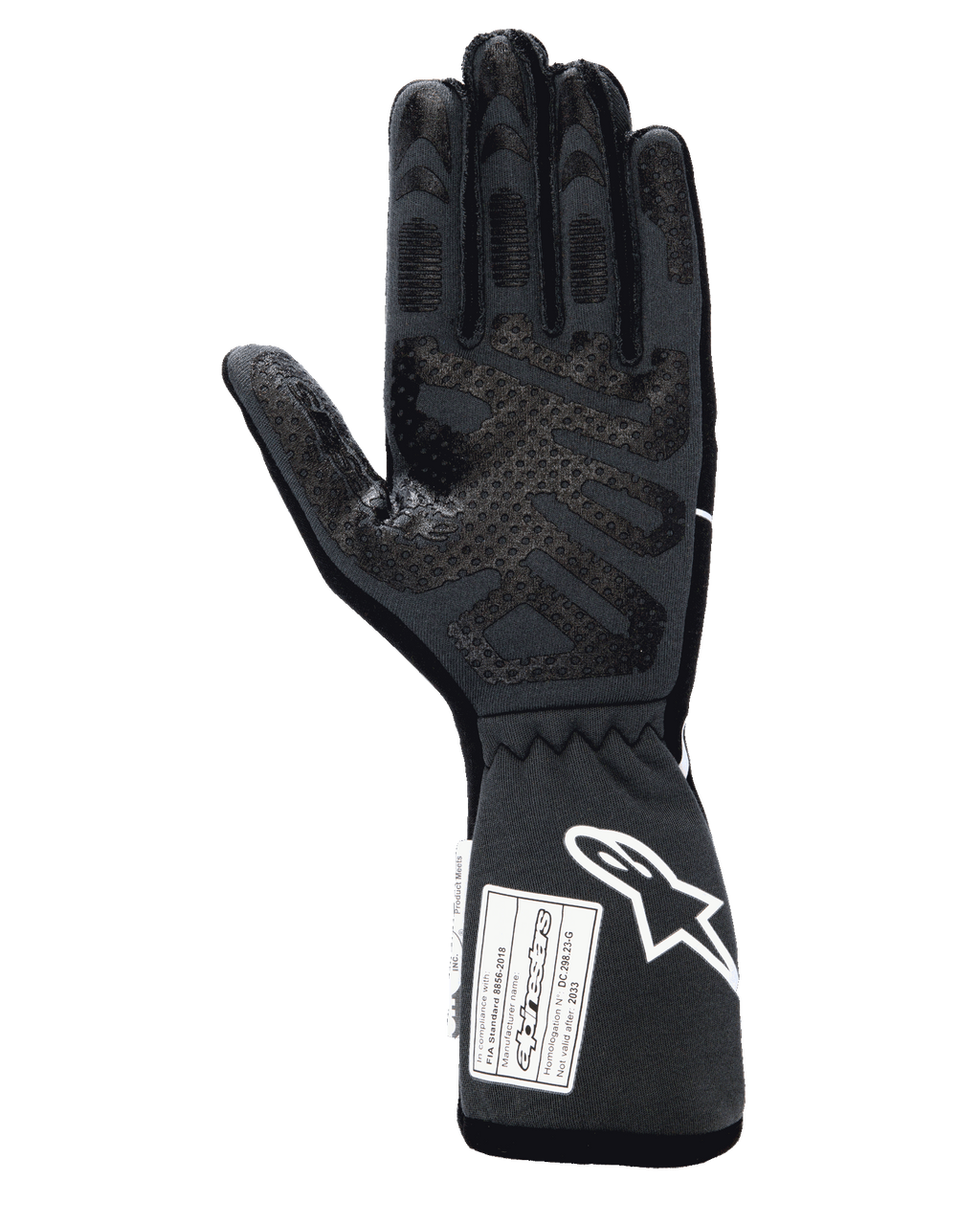 Guanti Alpinestars Tech-1 Race V4, guanti professionali da corsa auto, nero e grigio, vista del palmo con estese stampe in silicone per il grip su dita e palmo, polsino allungato con logo Alpinestars bianco ed etichette di certificazione FIA/SFI
