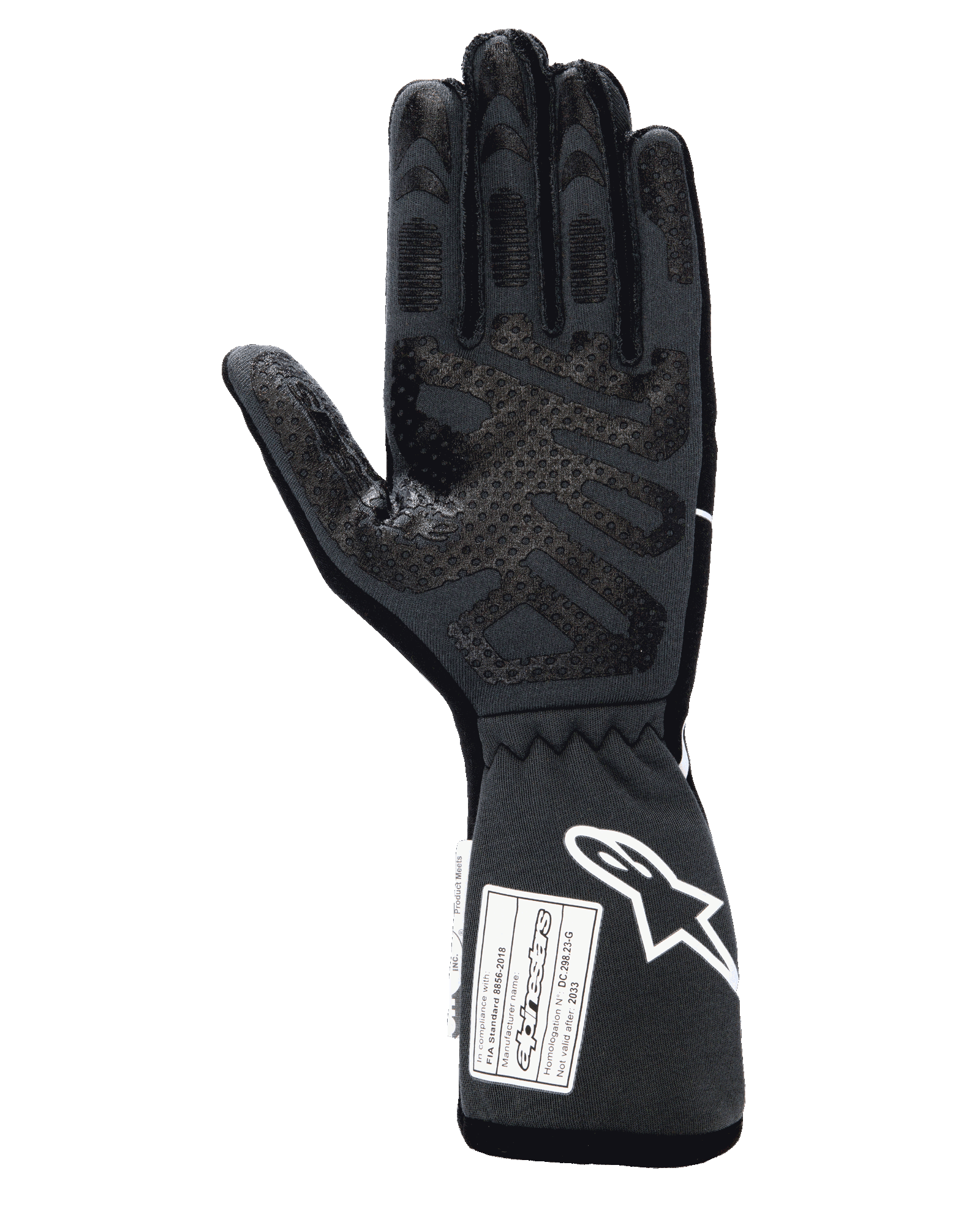 Guanti Alpinestars Tech-1 Race V4, guanti professionali da corsa auto, nero e grigio, vista del palmo con estese stampe in silicone per il grip su dita e palmo, polsino allungato con logo Alpinestars bianco ed etichette di certificazione FIA/SFI