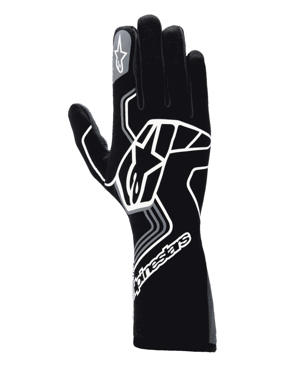 Guanti Alpinestars Tech-1 Race V4, guanti da corsa auto, Black Tar Gray, caratterizzati da un grande logo a stella geometrico bianco, marchio Alpinestars sul polsino e sull'indice, modello a polsino lungo per motorsport ad alte prestazioni
