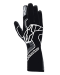 Guanti Alpinestars Tech-1 Race V4, guanti da corsa auto, Black Tar Gray, caratterizzati da un grande logo a stella geometrico bianco, marchio Alpinestars sul polsino e sull'indice, modello a polsino lungo per motorsport ad alte prestazioni