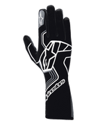 Guanti Alpinestars Tech-1 Race V4, guanti da corsa auto, Black Tar Gray, caratterizzati da un grande logo a stella geometrico bianco, marchio Alpinestars sul polsino e sull'indice, modello a polsino lungo per motorsport ad alte prestazioni